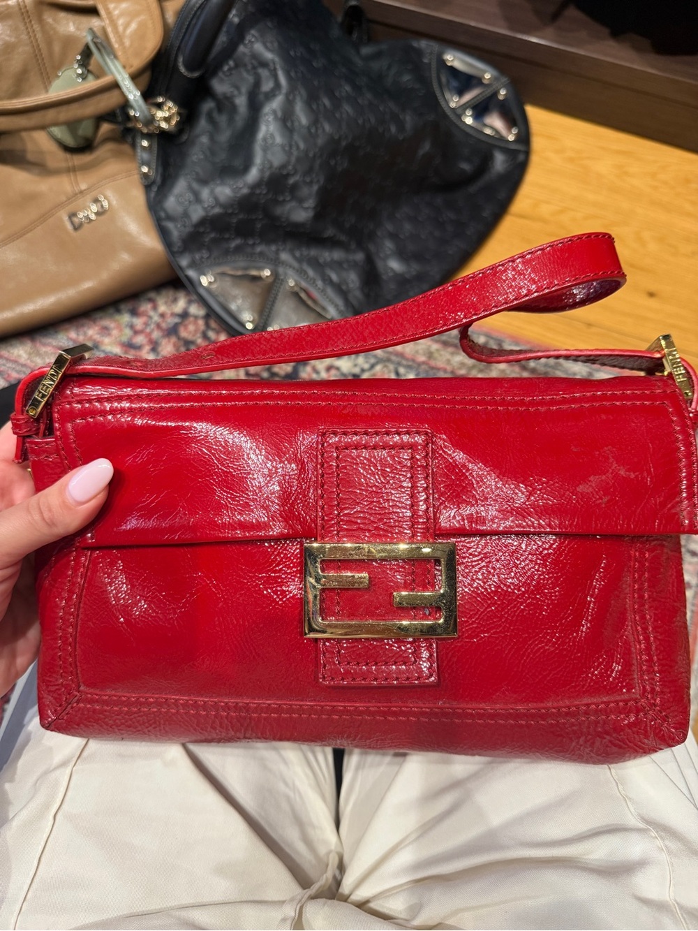 Fendi Red Patent Leather Mini Baguette with Gold Hardware